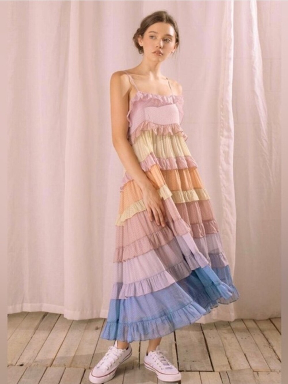 Storia Micro Dot Rainbow Pastel Tiered Maxi Dress size Large